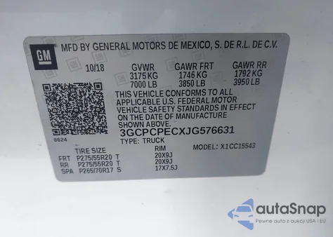 2018 Chevrolet Silverado 1500 Custom z USA, uszkodzony, nr VIN 3GCPCPECXJG576631